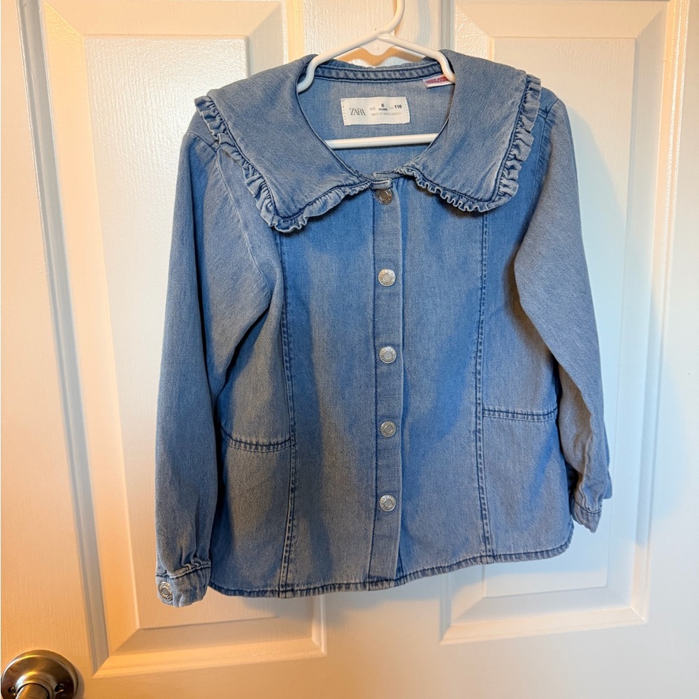 Zara Light Blue Ruffled Denim Shirt